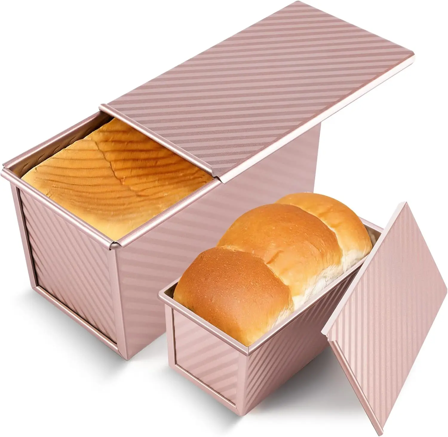 Pavsrmy 2 Pack Pullman Loaf Pan with Lid, 1 lb/0.5 lb Dough Capacity, Premium Non-Stick Sandwich Bread Loaf Pan with Lid, Carbon Steel Corrugated Bread Toast Box Mold with Cover for Baking