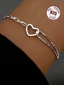 925 Sterling Silver Simple Heart Design Chain Bracelet, Fashionable Jewelry for Women & Girls, Gift for Mom, Mother's Day Couples Gifts, Heart Shaped Bracelet