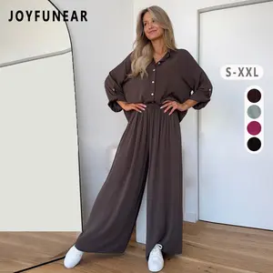 [US shipping]Joyfunear Women's Button Down Shirt & Wide Leg Pants Loungewear Set 2pcs Drop Shoulder summer women set long Pants