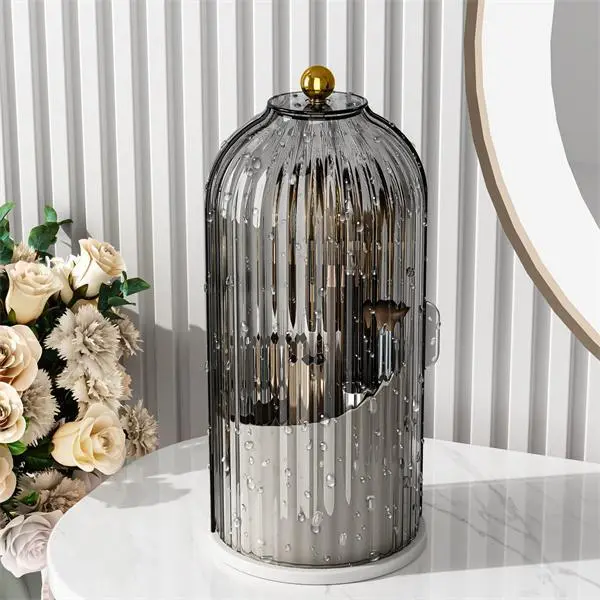 360° Rotating Makeup Brush Organizer - Large Capacity Dust-Free Cosmetic Organizer with Cover & Divided Space, Modern Multifunctional Desktop Holder for Brushes, Lipstick, Eyebrow Pencil (Vanity Decor)