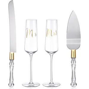 4 Pieces Wedding Toasting Flutes and Cake Server Set Wedding Reception Supplies Champagne Glasses Cake Knife Pie Server (Gold,Classic)