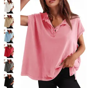Imily Bela Womens Oversized Cap Sleeve Polo Shirts Summer Casual V Neck Tops Loose Fit Collared Cotton Tee Shirts