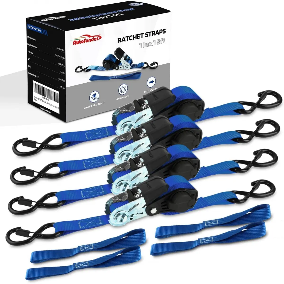 NeatStrap Ratchet Strap with Safety Lock, Chromoly Steel S Hooks & Overmolded Better Grip - 1500lb Break Strength, 1"x15' Soft Loop Tie-Downs (4 Pack) for Bikes, Optimal Performance Cargo Securing, Quick Installation, Outdoor Enthusiasts