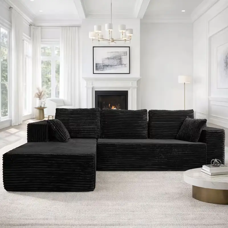 105.86-in L-Shaped Corduroy Velvet Minimalist Sectional Sofa Set - Fully Assembled Indoor Furniture Sofa Sectional Couch with Boneless Chaise, Deep-Seated Design, Soft Cushions, Backrests, Minimalist Decluttering All Seasons Comfy Piece for Modern Home, C