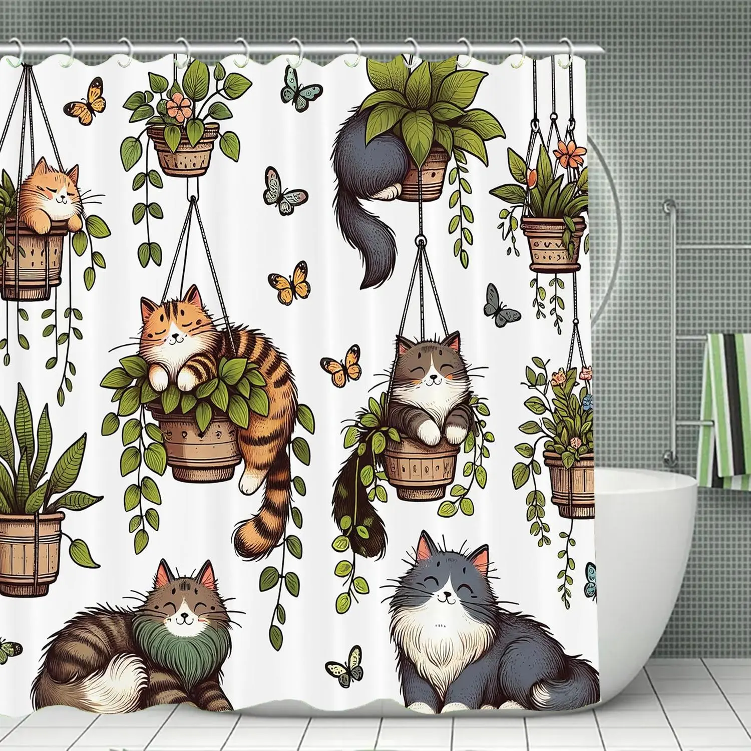Cat & Plants Pattern Decorative Pretty Shower Curtain, Cute Cartoon Animal Pattern Bathroom Curtain with 12pcs Hooks, Ideal for Home Dormitory Hotel Bathroom Decor, Bathroom Decoration Accessories, Bathroom Accessory