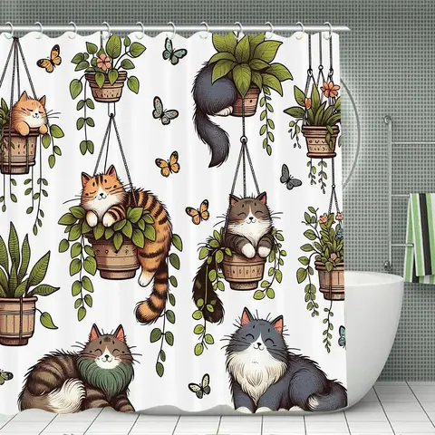 Cat & Plants Pattern Decorative Pretty Shower Curtain, Cute Cartoon Animal Pattern Bathroom Curtain with 12pcs Hooks, Ideal for Home Dormitory Hotel Bathroom Decor