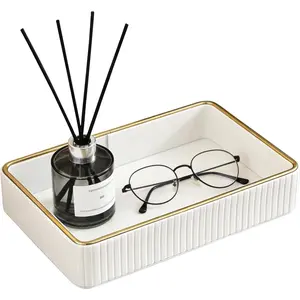 PU Leather Valet Tray Desk Organizer Trinket Dish Storage Key Bowl for Phone Wallet Jewelry Watch Decorative Tray for Bathroom Bedroom Perfume Vanity Cream White