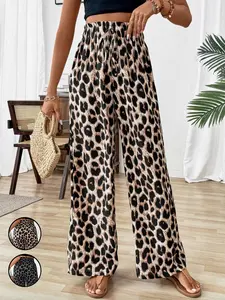 Women's Casual Leopard Print Elastic Waist Side Pocket Wide Leg Pants, Comfortable Loose Fit, Trendy Fashion Bottoms for Daily Wear