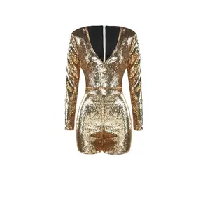 Gold Sequin Stretch - Long Sleeve Jumpsuit (FINAL SALE) (NO RETURN)