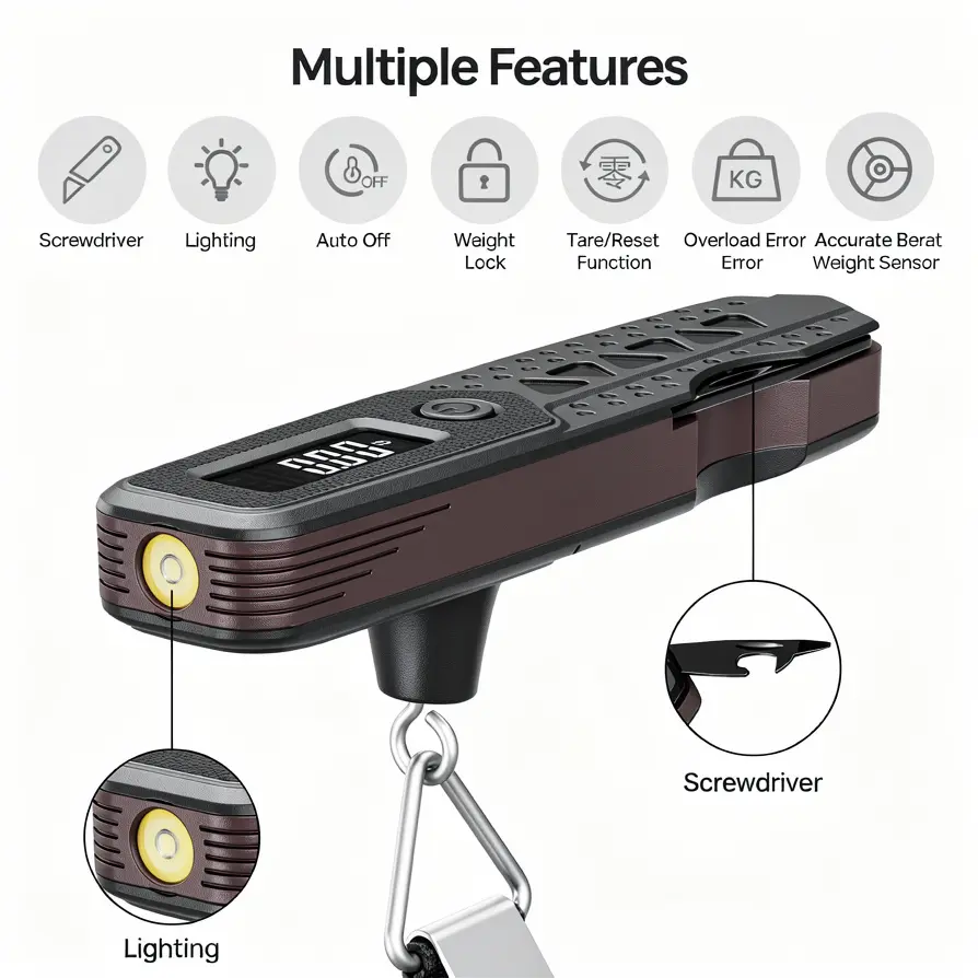Meilen Compact Digital 7-in-1 Heavy Duty Pocket Measuring Kitchen Scale, 110lb/50kg LCD Display, LED Flashlight, Screwdriver, Box Cutter, Batteries Packed Separately for Travel, Fishing (Cells Included)