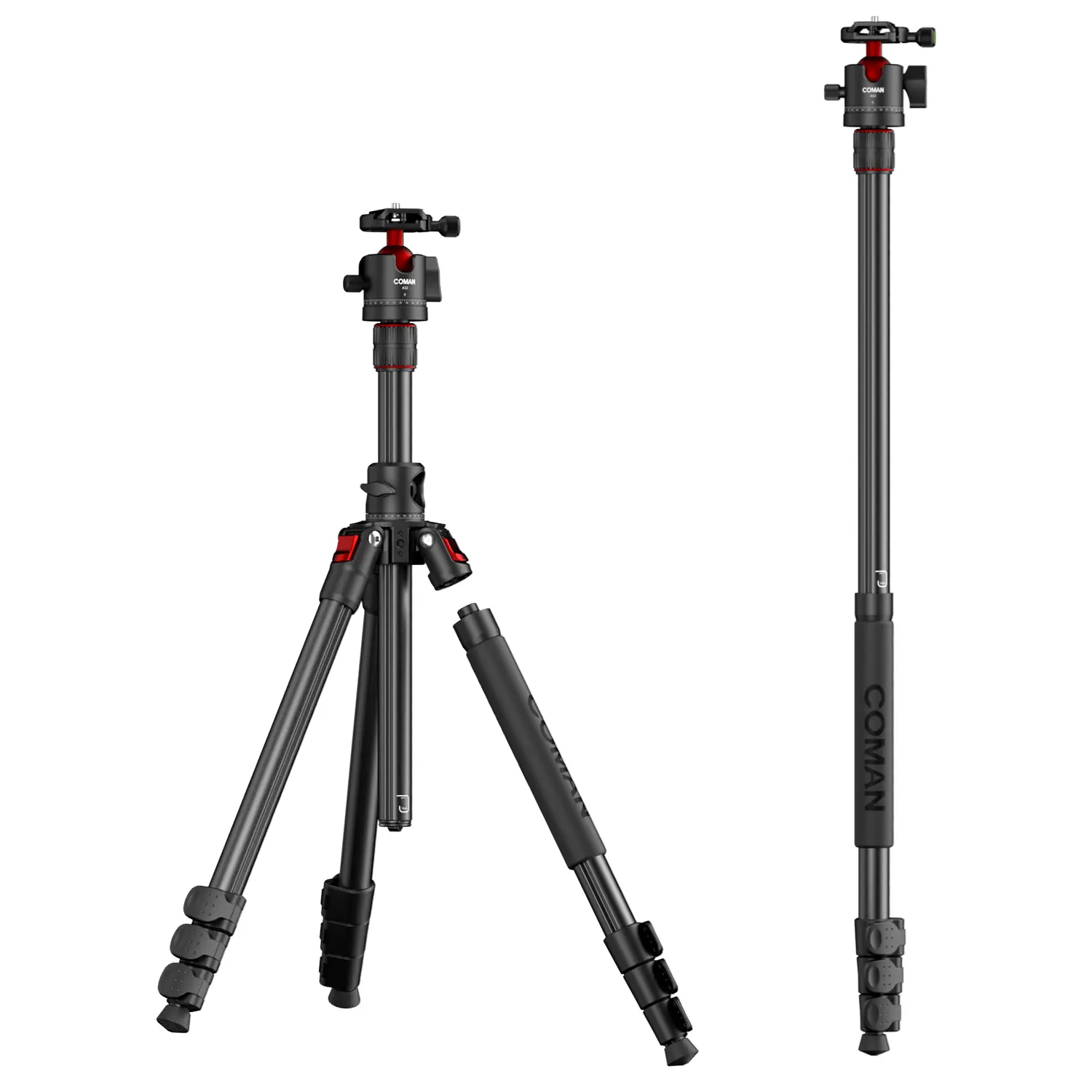COMAN 72 Inch Horizontal Overhead Tripod Monopod Combo, Fluid Head with 360° Ball Head, 33lbs Max Load for Camera & Phone Content Creation KX3939Mini A32&V1