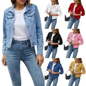 2025 Women’s Short Denim Jacket – Fashionable Casual Slim Fit, Long Sleeve, Lapel, Solid Color, Button & Pocket Design; Suitable as a Fall/Winter Jacket