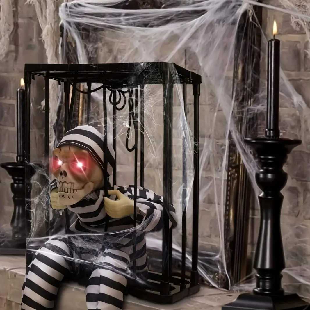 Scary Spooky Halloween Decoration, Motion Sensor Party Props, Horror Skull Cage Prisoner Haunted House Decorative Decor, Suspended Ghost Ornament for Indoor Outdoor Use