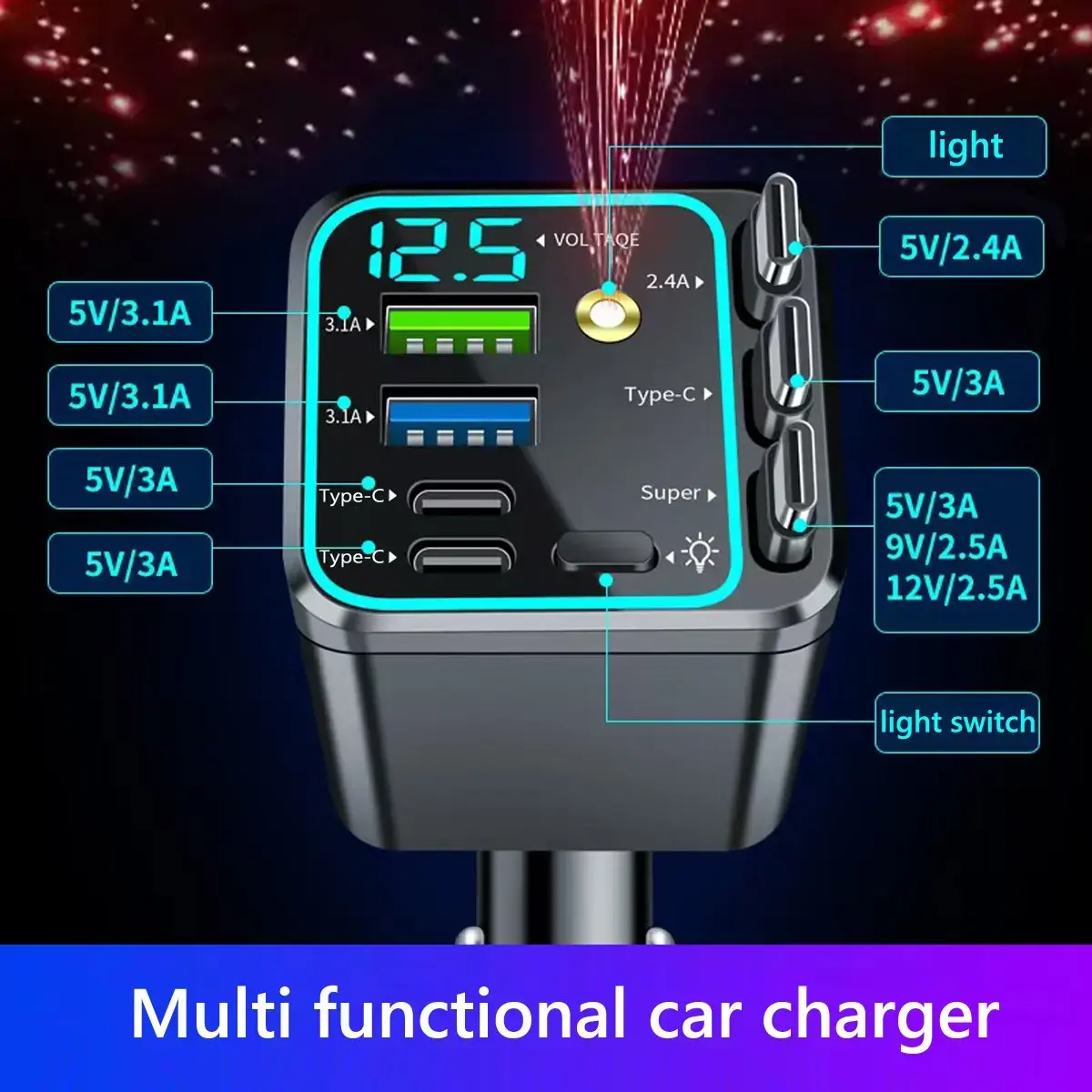 7-in-1 Retractable Car Charger: 120W Max Fast Charging Station with 3 Cables,Star Projector | LED Voltage Display & | Premium Car Accessories for iPhone & Android | Essential Road Trip Gadget & Organizer,Gifts for Fathers Day for Men Dad Husband