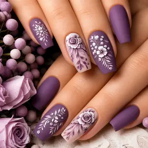 24PCS Purple Floral Press-On Nails Coffin Shape – Glossy Fake Nails Set, Reusable Acrylic Nails Kit with Glue Tabs for Women