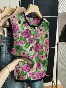 1 piece + Spring and summer back-to-school casual style loose round-neck sleeveless woolen knitted top with dark blue trim and purple floral and green leaf prints. Women's outerwear for women, paired with a vest, worn alone Casual Flattering Sleeveless