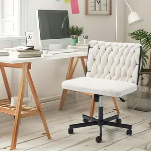 Height Adjustable White Cross Legged Chair, Armless Criss Cross Office Chair with Wheels for Living Room & Office