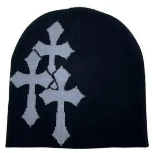 Crucifix Knitted Hat -  Beanie with Unique Cross Design Knit Winter Uniqueness Gray