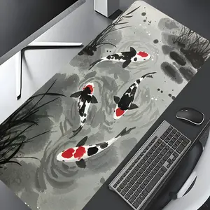 Ink Wash Koi Fish Design Large Gaming Mouse Pad, Japanese Zen Aesthetic Desktop Drotection Pad,Washable Rubber Pad Non-Slip Lock Edge Multi-Size Mouse Pad Suitable For Home Office,Good Gift for Family and friends