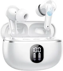 Wireless Earbuds, Bluetooth 5.3 Headphones, Big Bass Stereo, In-Ear Earbuds with Noise-Canceling Microphone and LED Display, IP7 Waterproof, 50 Hours of Playtime for Sports, White