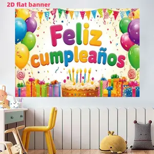 Spanish Feliz cumplea ñ os birthday party background banner, Party Decorations Banners, illustrated grid birthday banner, polyester material, birthday party decoration, holiday party supplies, photography background cloth