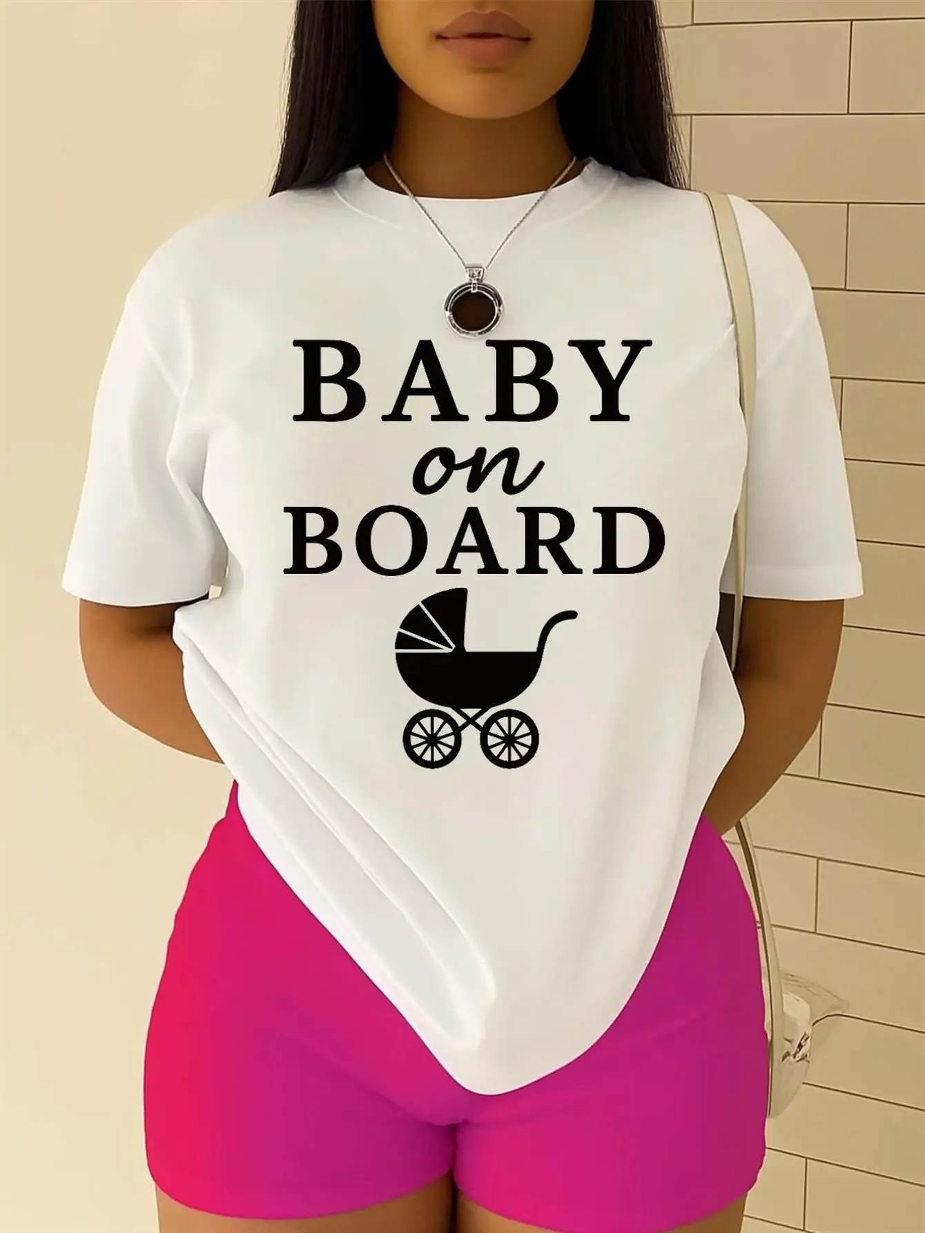 Plus Size Maternity T-Shirt with Stroller Graphic - Stretchy Fit Short Sleeve Crew Neck Blouse for Pregnancy - Summer Casual Wear for Moms, Umbrella Hem Line for growing belly (No Bulk Under Chest)