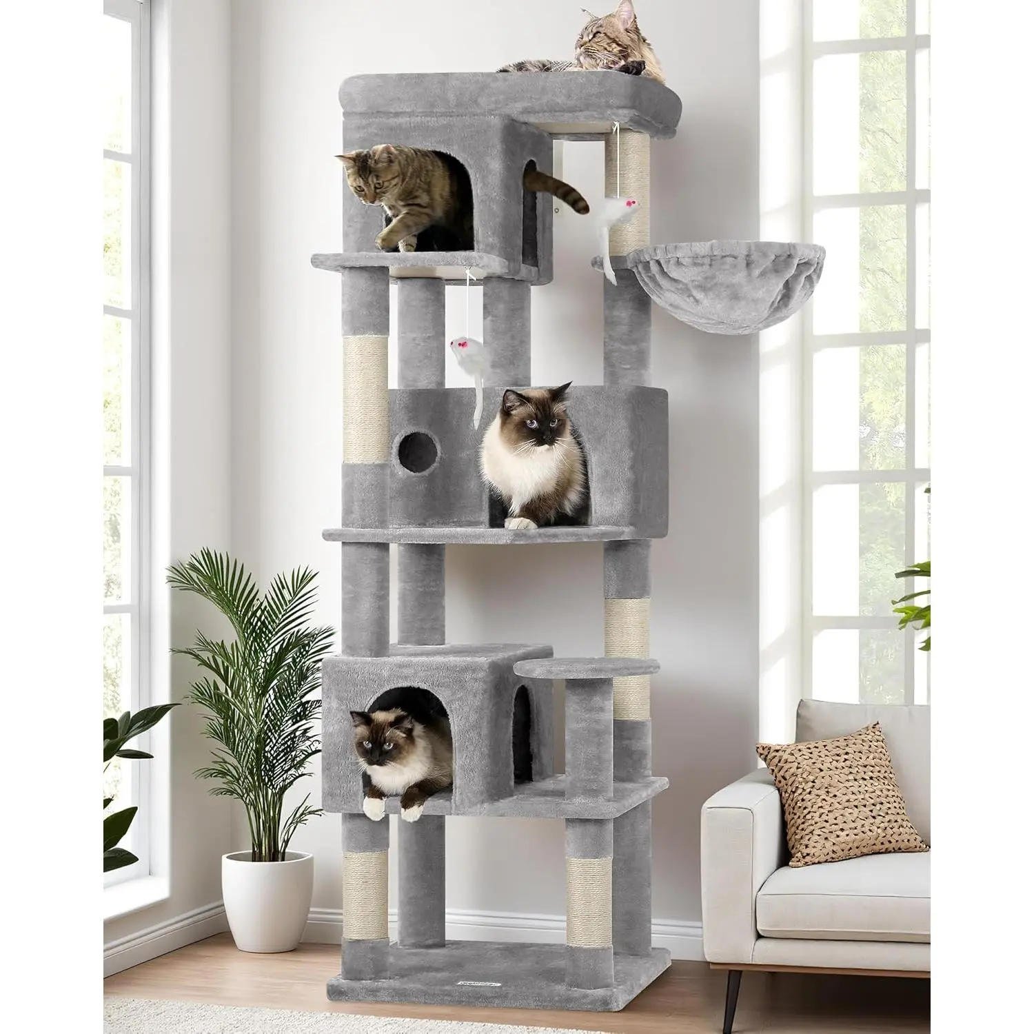 Corner  Tree 66 inch Multi-Level Climbing Tower Kitty Condos   Tower for Indoor Multiple Cats with Large Platform, 3  Caves, F66, Light Grey