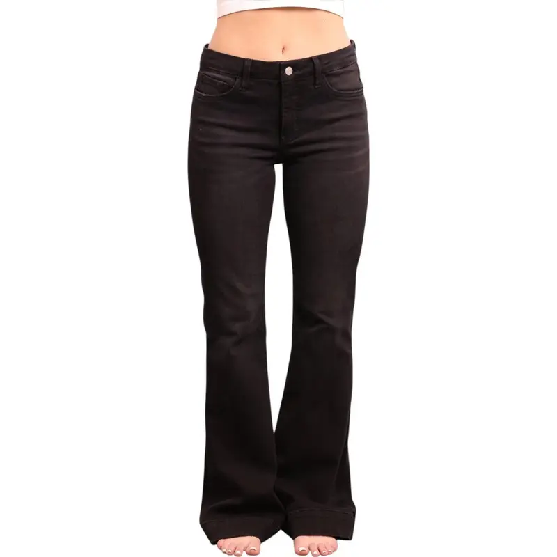 Lovervet Women's Gwen Mid-Rise Tummy Control Slim Fit Flared Jeans - 3 Inseams, Zipper Closure, Spandex Fabric, Short Bottoms (Black)