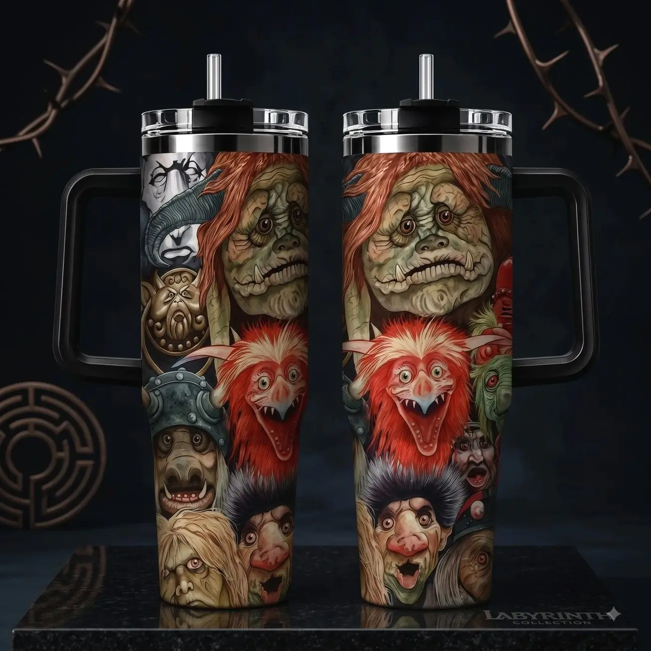 Fantasy Maze Adventure Inspired 40oz Insulated Tumbler with Handle and Straw 80s Dark Fairytale Magic Dance Collage Stainless Steel Water Bottle Travel Mug for Gym Car Commute Office Birthday Gift