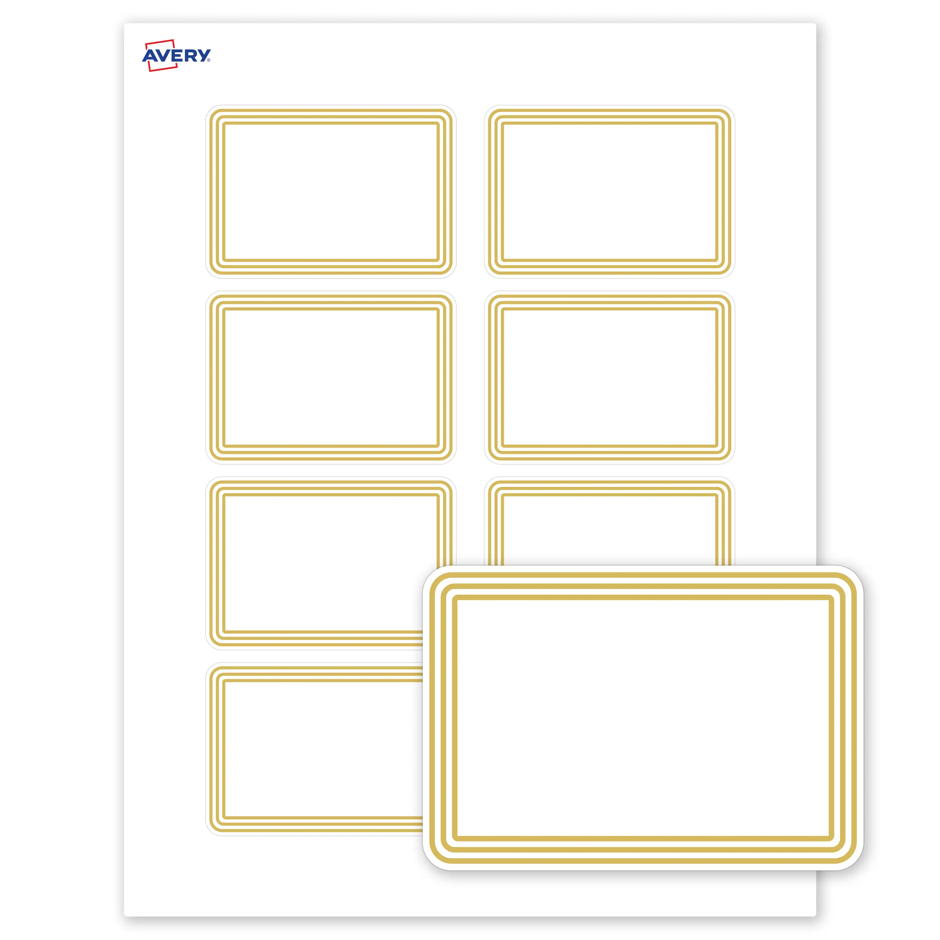 Avery® Printable Adhesive Name Tags, 2-1/3" x 3-3/8", Matte White with Multi-Lined Gold Border Design, Removable, Laser & Inkjet Compatible, 80 Total, Great Name Badges for Weddings & Events