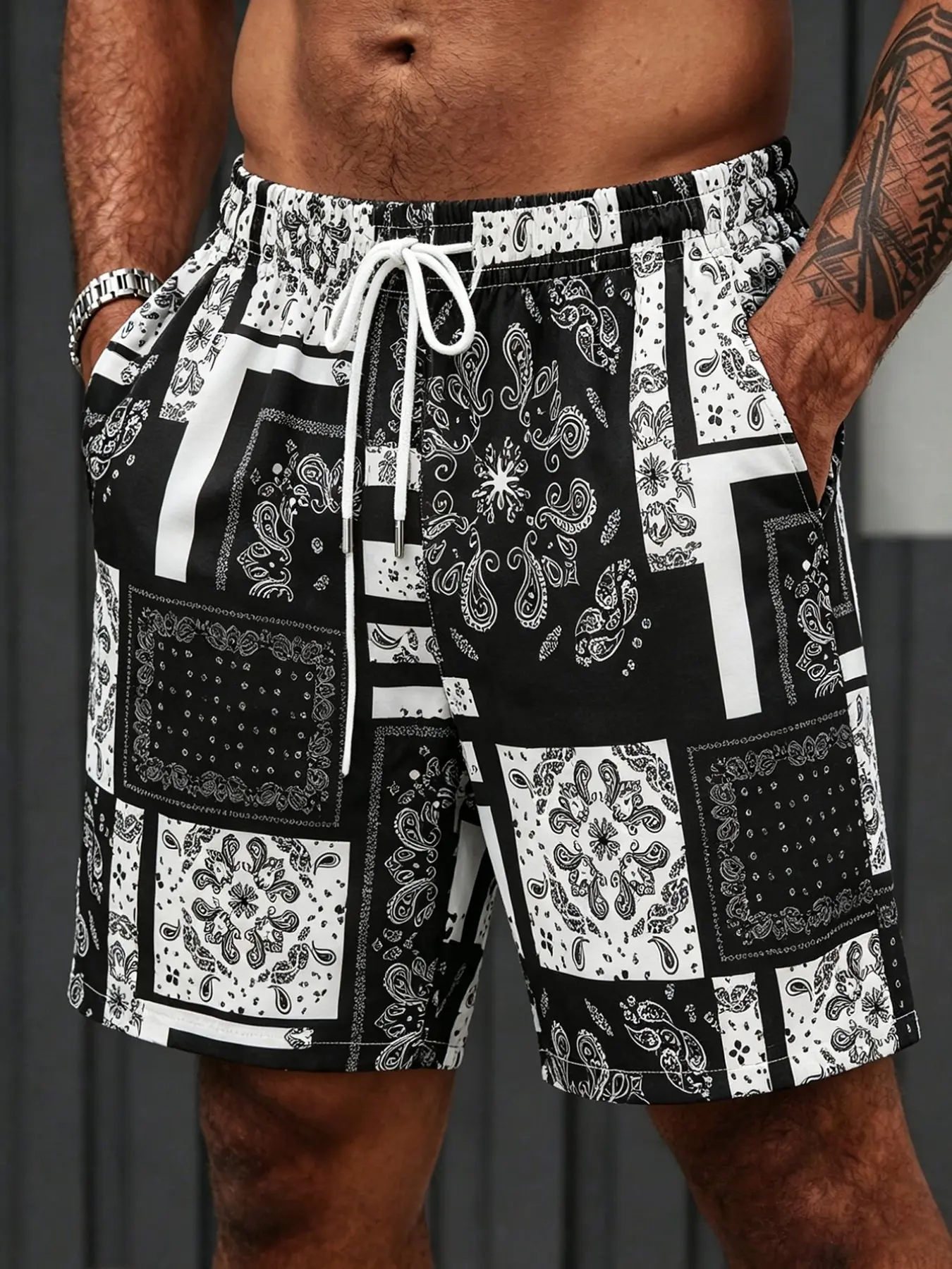 Summer Men's Paisley Print Patchwork Headscarf Style Shorts, Casual Summer Clothing, Casual Summer Outdoor Beachwear Quick-Dry Drawstring Waist, Multiple Pockets