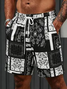 Summer Men's Paisley Print Patchwork Headscarf Style Shorts, Casual Summer Outdoor Beachwear Quick-Dry Drawstring Waist, Multiple Pockets