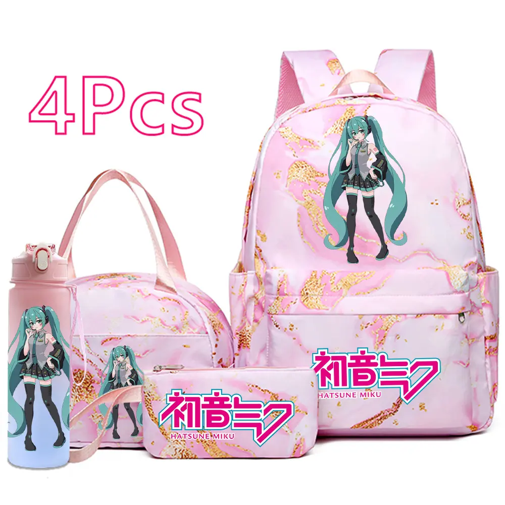 Hatsune Miku School Backpack Set for Girls - Pink Marble Gold Glitter Anime Character Bookbag 4PCS Bundle with Lunch Bag, Pencil Case & Water Bottle, Large Capacity Travel Bag