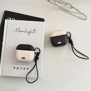 Black and white color blocking | Black leather rope | Magnetic leather headphone cover | Best friend gift | for AirPods 2 3 4 Pro Pro2 Pro3