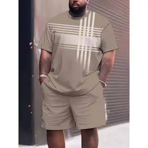 Men'S Plus Size Casual Sport T-Shirt and Shorts Set, Fashion Stripe Style, Crew Neck, Knit Fabric, 95% Polyester 5% Spandex, Slightly Stretchy, Machine Washable, PLUS SIZE Activewear Athletic Clothes Menswear men's 2 piece set Suits Gamis