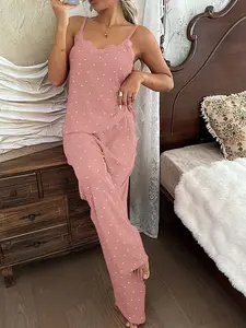 Women's Pajama Set, Heart Pattern Slim-Fitting Sexy Sleepwear, Lace Trim Tank Top and Long Pants, Luxury Home