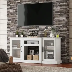 TV Stand For 65-Inch TV, Retro TV Console Cabinet With Storage And Open Shelves, Entertainment Center For Living Room, Bedroom, White