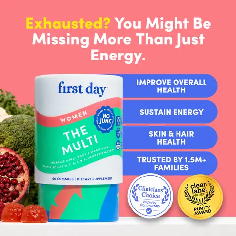 First Day Women's Multivitamin Gummies 18+, Natural Orange Flavor — 21 Organic Superfoods, 13 Key Nutrients, Vitamin C D3 B12 Magnesium Biotin — Immunity, Energy, Skin & Hair Health, Fight Fatigue — 30-Day Supply, Vegan, Non-GMO, No Junk