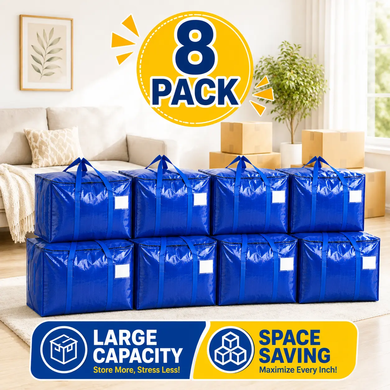 8 Pack Heavy Duty Extra Large Camping Moving Bags, Reusable 24 Gal Storage Totes with Zippers, Reinforced Carry Handles, Clear Label Pocket, Foldable Water-Resistant Alternative for Clothes, Bedding, Dorm Move-In, Travel and Garage Storage