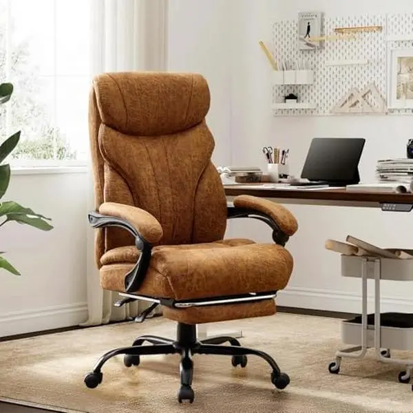 Big and Tall Office Chair 500LBS with Footrest,Ergonomic Leather Executive Chair with Adjustable Height & Flip-up Armrests,Wide Reclining Computer Desk Chair for Home Office or Gaming,Brown