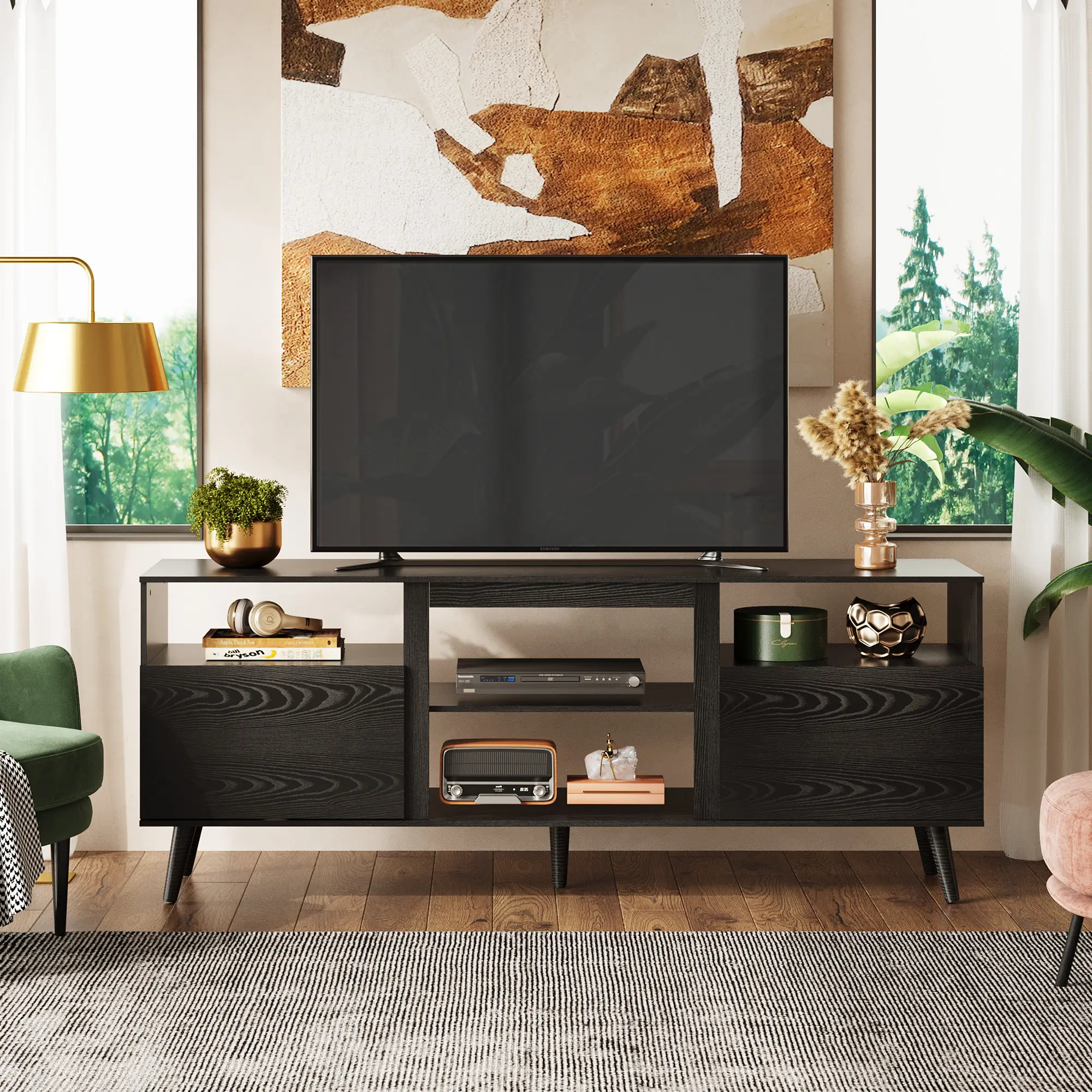 WLIVE Mid-Century Modern TV Stand for 55 60 65 Inch TV, Entertainment Center with Extra Open Shelf & Storage Cabinets, Media TV Console for Living Room Bedroom Office