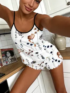 Women's Sleeveless Top & Shorts Pajama Set, Floral Print, Slim-Fitting Homeewear, All Season Comfortable Sleepwear, Tank Top, Pjs, Loungewear, Homewear, Womenswear