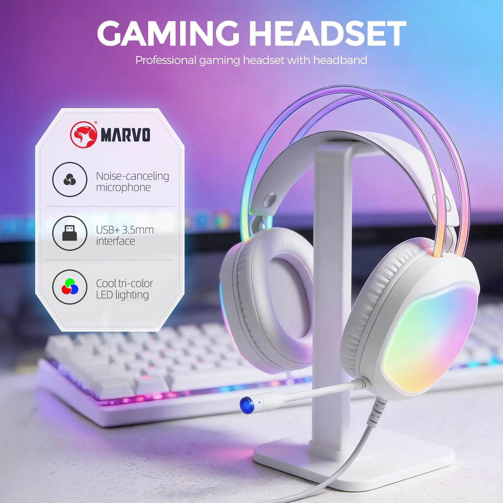 Marvo Over-Ear Wired Gaming Headset, Headset for Gaming with RGB-Illuminated Cups & Headband, 50mm Drivers, Dual USB + 3.5mm Plugs, Dual-Headband PU Cushions, Built-In Omnidirectional Blue-Light Mic, Cup Volume Control