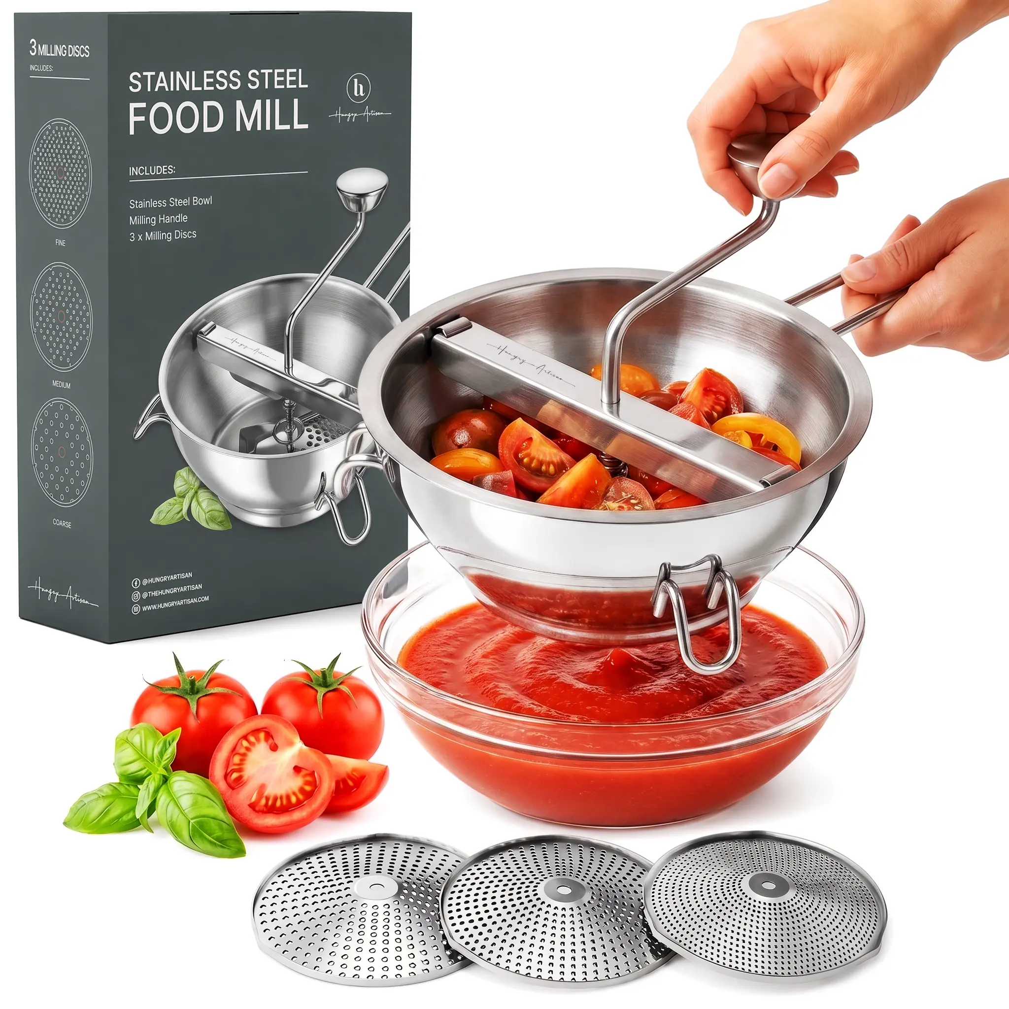 Hungry Artisan Ergonomic Food Mill Stainless Steel With 3 Grinding Discs - Rotary Food Mill for Tomato Sauce, Applesauce, Puree, Mashed Potatoes, Jams, Baby Food
