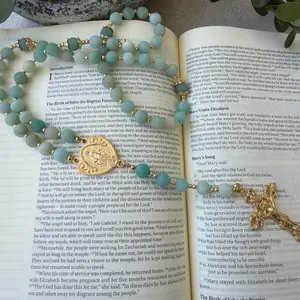 Aqua Marian Rosary | Handmade Miraculous Medal Rosary | Catholic Gift for Women | Blue Rosary with Gold Accents | Prayer Beads