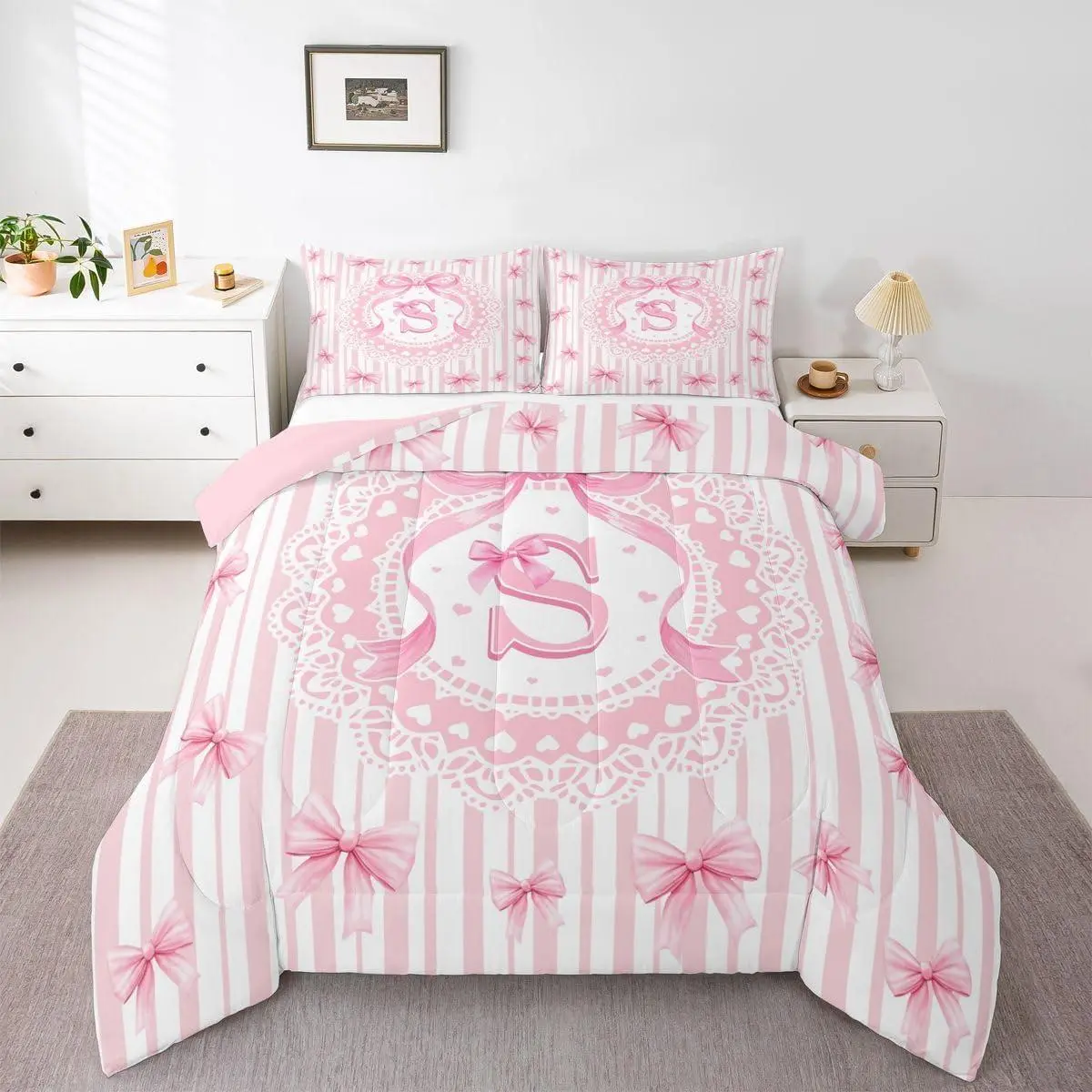 Pink White Bow Initial Comforter Set - Monogram S Ribbon Bows Bedding Sets,Princess Pink Bow Tie Bed Set,Striped Room Decor