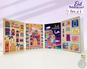Eid Mubarak Pack of 4 Cards including envelopes | Eid Al Fitr Festive A6 Size Folded Greeting Card
