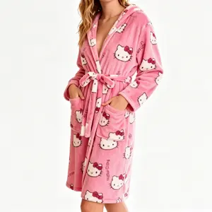 Official Sanrio Hello Kitty Hooded Fleece Robe for Women, Ultra-Soft Coral Fleece Fabric, Self-Tie Waist Belt & Side Pockets, Warm Long Sleeve Bathrobe for Indoor Lounging & After Shower Use