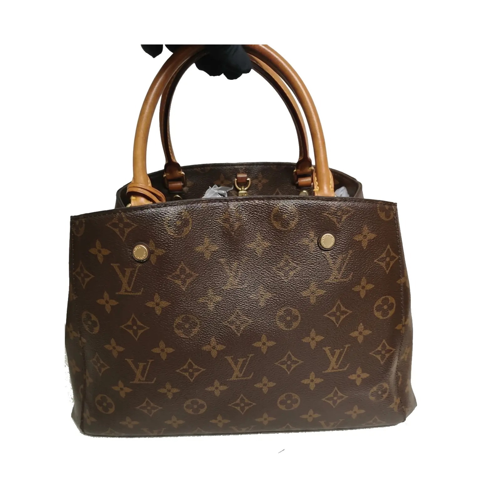 Pre-owned Louis Vuitton Monogram coated canvas with Vachetta leather trim Top Handle Bags Montaigne Brown monogram with natural Vachetta leather handles and trim Very Good S014260416057
