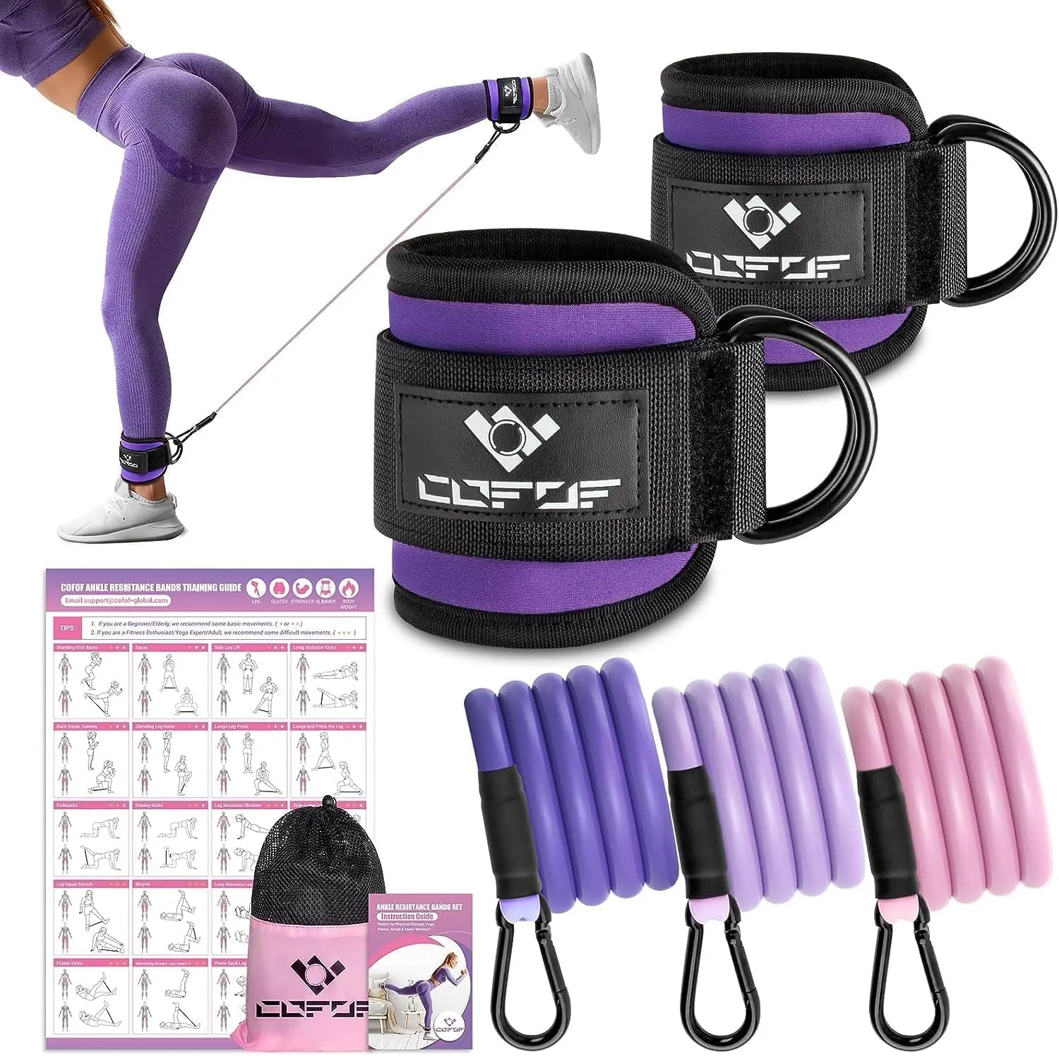 Ankle Resistance Bands with Cuffs, Leg Exercise Equipment with Poster | Ankle Bands for Working Out, Kickbacks Hip, Leg Glute, Resistance Workout Equipment for Women